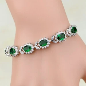 14K W GOLD EP 8 CT DIAMOND SIMULATED EMERALD OVAL CUT TENNIS LINK BRACELET  - Picture 1 of 3