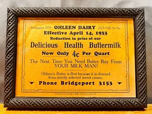 Antique Ohleen Dairy Buttermilk Sign/Card 1933 Minneapolis Milk Man Advertising