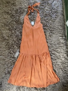 BNWT H&M SATIN HALTER NECK MAXI DRESS ORANGE SZ 8 RRP£59.99 - Picture 1 of 4