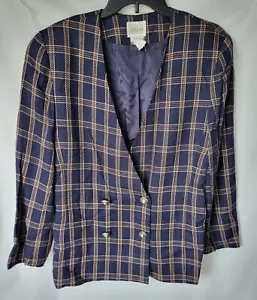 Blazer chaqueta vintage Leslie Fay ropa deportiva azul marino marrón a cuadros para mujer talla 8 - Imagen 1 de 11