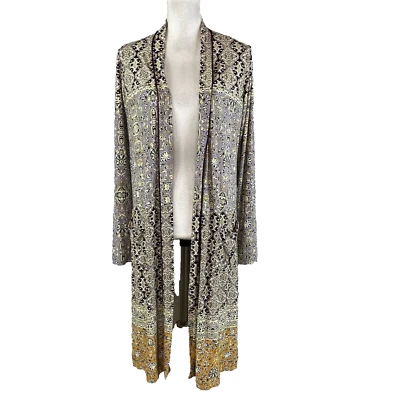 LOGO Lori Goldstein Cardigan Duster House Jacket sz Small Purple Paisley Jersey - Image 1 of 4