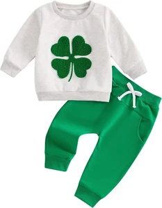 Baby Boy Girl St Patrick'S Day Outfit Fuzzy Clover Embroidery Long Sleeve Sweats - Picture 1 of 12