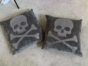 Set of 2 Magaschoni Halloween Skull Rhinestone Crystal Throw Pillow Olive 20X20 - Picture 1 of 6