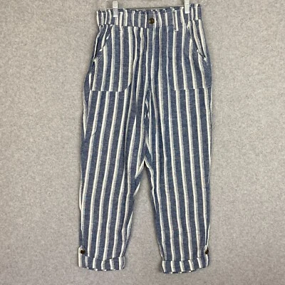 SO брюки женщин M синий белый в полоску тянуть на льняной смеси середины подъема карманы с манжетами - Изображение 1 из 4