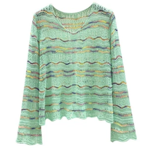 Women Knitted Shirts Tops Sheer Lace Hollow Out Blouse Stripped Knitwear Thin - Picture 1 of 7