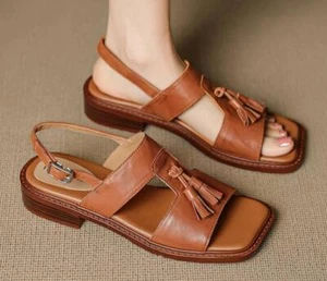 Women's Leather Peep Toe Buckle Slingback Flats Summer Tassel Shoes Sandals - Picture 1 of 15