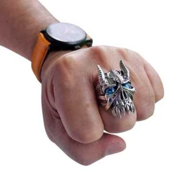 HORN BISON DEVIL DEMON SKULL BULL HEAD 925 STERLING SILVER MEN'S RING BIKER FANG - Image 1 of 4