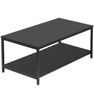 Black Coffee Table 2-Tier Rectangle Industrial Wood Coffee Table w/Storage Shelf - Picture 1 of 16