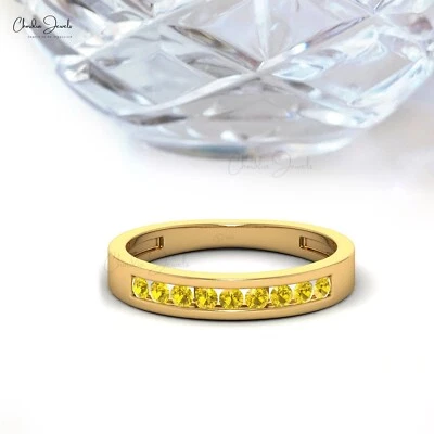 2mm Round Yellow Sapphire Half Eternity 14k Solid Gold Wedding Band Ring For Her - Image 1 of 4