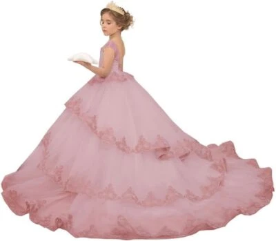 Тюль цветок девочка платье кружева аппликация принцесса Pageant бальное платье с поездом - Изображение 1 из 4