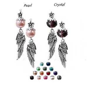 Earrings angel wing charm, choose pearl or crystal, color and fittings - Picture 1 of 19