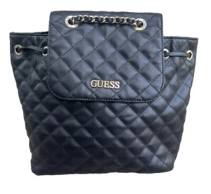 GUESS Illy Quilted Logo Embroidered Medium Backpack Handbag Black Faux Leather - Picture 1 of 14