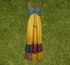 Womens Strap Boho Beach Maxi Dress Summer  Yellow Maxi Dress Hippy Dresses S/M