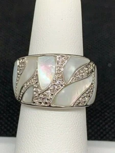 RS Covenant #1774 Mother Of Pearl Rhodium Sparkling Clear Cubic Zirconia Ring - Picture 1 of 6
