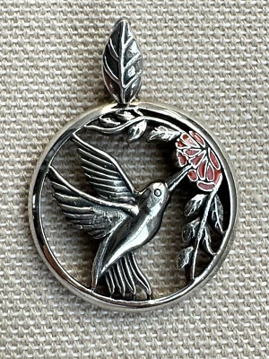 VTG Peter Stone PSCL Sterling Silver Flying Hummingbird Enameled Flower Pendant - Image 1 of 4