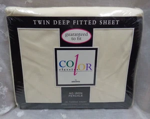 Vtg COLOR CLASSICS by Stevens USA ~ TWIN DEEP FITTED SHEET No Iron Percale BONE - Picture 1 of 3
