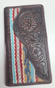 Ariat Men's Southwestern Wool Floral Tooled Leather Rodeo Cash & Card Wallet - Picture 1 of 7