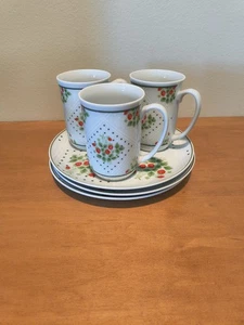 Vintage Enesco 1975 Schweizer Erdbeere Punkte Teller & Tassen 3er Set - Bild 1 von 6