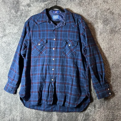 Vintage Pendleton Shirt Mens XL Blue Plaid Wool Western Pearl Snap Made USA 70s - Image 1 of 4