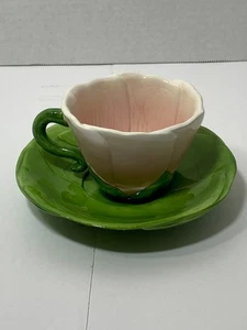 Vintage RUSS rosa & grün handbemalt Blume Teetasse und Untertasse, gebraucht - Bild 1 von 9