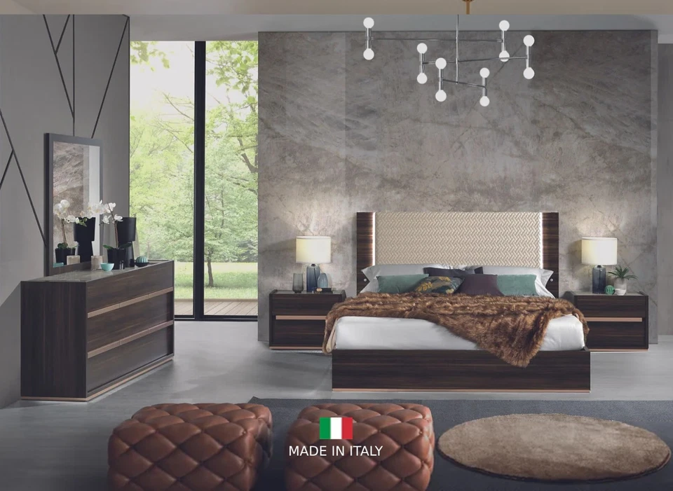 MADE IN ITALY 4PC LED Queen King Contemporary Bedroom Dark Eucalyptus Marble Top Foto 1 de 4