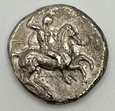 325-281 BC Calabria Tarentum AR Tetradrachm Boy Riding Dolphin Spear & Shield - Image 1 of 2