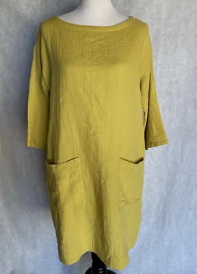 Vestido EILEEN FISHING tamanho S amarelo merigold algodão orgânico manga 3/4 gaze shift - Imagem 1 de 4