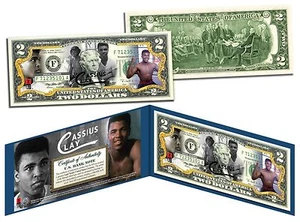 MUHAMMAD ALI "CASSIUS CLAY" COLORIZED LICENSED U.S. $2 BILL! W/H BLUE FOLIO! - Picture 1 of 1