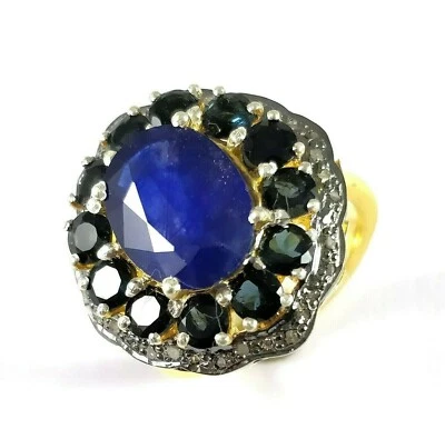 Pavé di Diamanti Zaffiro & Onice Nera 925 Argento Sterling Grappolo Anello - Immagine 1 di 4