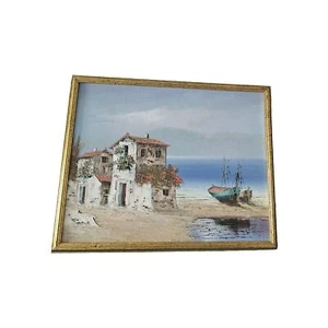 Dipinto ad olio villaggio mediterraneo su tela incorniciato senza vetro, firmato da artista - Foto 1 di 10