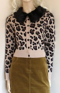 Collectif Pietra beige leopard print fur collar cardigan size M/12 1950s repro - Picture 1 of 6