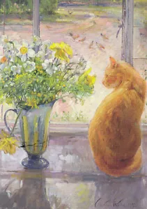 Postkarte: Timothy Easton - Gestreifter Krug mit Frühlungsblumen u. Katze - Bild 1 von 1