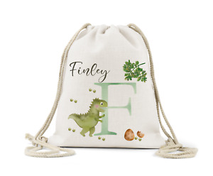 Personalised Drawstring Bag, Boys  green Dinosaur Name, Nursery, P.E Bag,Back 