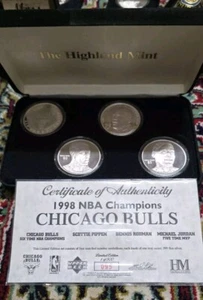 Highland Mint Chicago Bulls 1998 NBA Champs .999 Fine Silver Signature Set of 4 - Picture 1 of 18