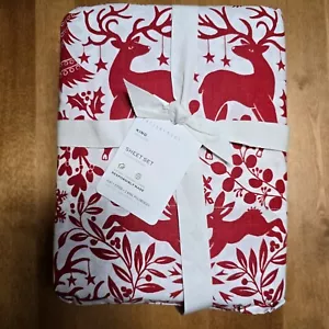 POTTERY BARN KING RED NORDIC STAG HOLIDAY 4 PC ORGANIC COTTON SHEET SET - Picture 1 of 4