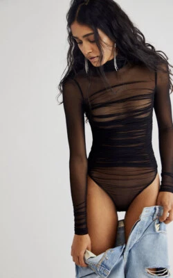 Free People Intimately Under It All Mesh Ruched Sheer Sexy Bodysuit S - Image 1 of 4