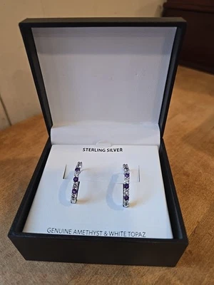 NEW 925 Sterling Genuine Amethyst & White Topaz Hoop Earrings MCE12862 - Image 1 of 4