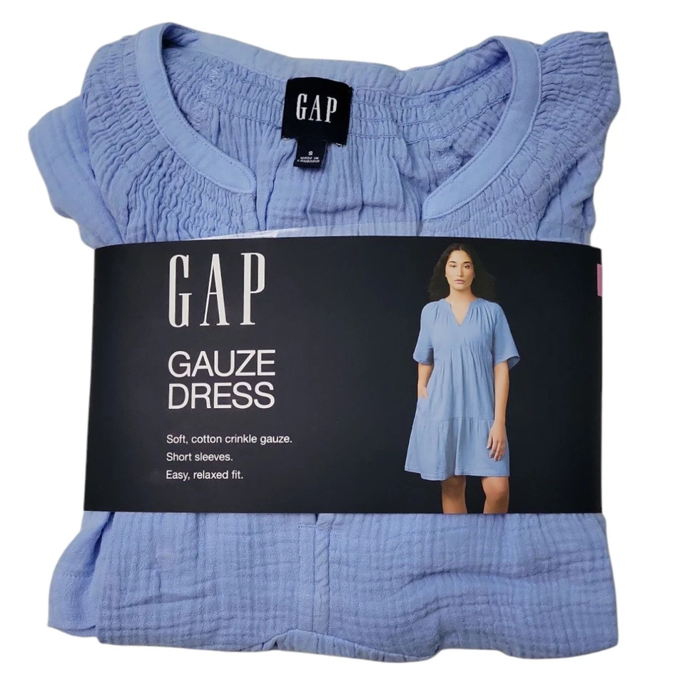 Gap Gauze Tier Dress Womens Size 2XL Blue Short Sleeve Split V-Neck Pockets