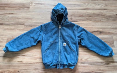 Vintage Carhartt Denim Hooded Jacket Youth M Blue Blanket Line ASAP Rocky Y07DST - Image 1 of 4