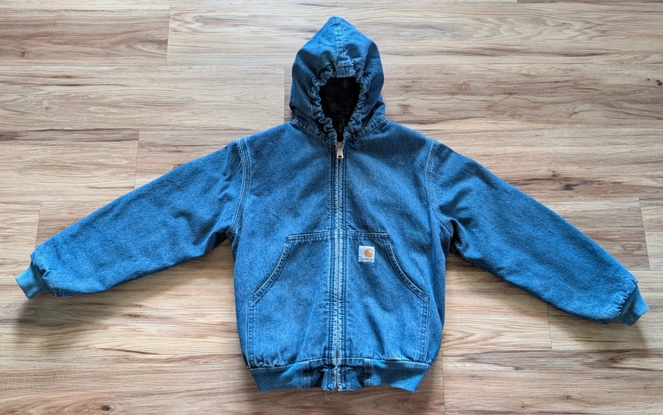 Vintage Carhartt Denim Hooded Jacket Youth M Blue Blanket Line ASAP Rocky Y07DST - Image 1 of 4