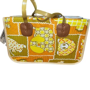 Vintage 70s Patchwork Animal Print Vinyl hinged Travel tote Retro Orange green - Picture 1 of 13
