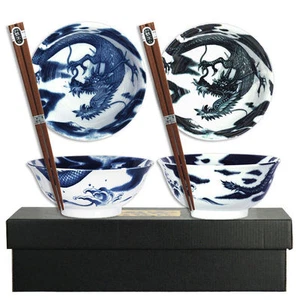 Set of 2 Japanese 6"D Porcelain Twin Dragon Rice Soup Noodle Bowls w/ Chopsticks - Picture 1 of 2