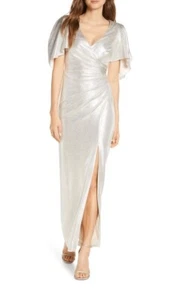 Eliza J Silver Ruched Side Evening Gown V-neck Flutter Sleeves Slit 10 Petit - Picture 1 of 6
