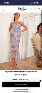 Peplum Embroidered Lace Bodycon Dress in Blue size 6 chichi London - Picture 1 of 6