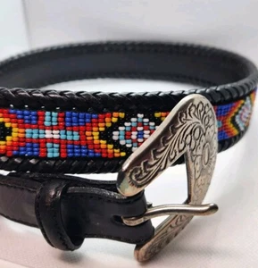 Vintage BEADED buckle belt NATIVE AMERICAN Western Size 30 Leather Belt - Picture 1 of 21