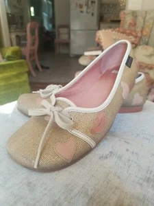 CAMPER "LOVE" EUR 38 / 8 metallic gold tie linen leather flats with hearts lips - Picture 1 of 6