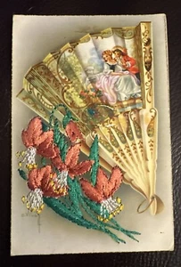 Silk Embroidered Vintage Fan Floral Made In Spain Vintage Postcard C Vibes - Picture 1 of 3
