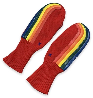 Vtg 70s 80s Can Raalte Retro Youth Red Rainbow Stripe Mittens Gloves One Size - Image 1 of 4
