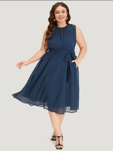 BloomChic Polka Dot Mesh Ruffle Trim Pocket Belted Mock Neck Dress Blue 14-16 1X - Picture 1 of 4