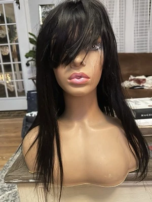 16” Glueless Human Hair Wig Black Long Bangs With Strap - Image 1 of 4